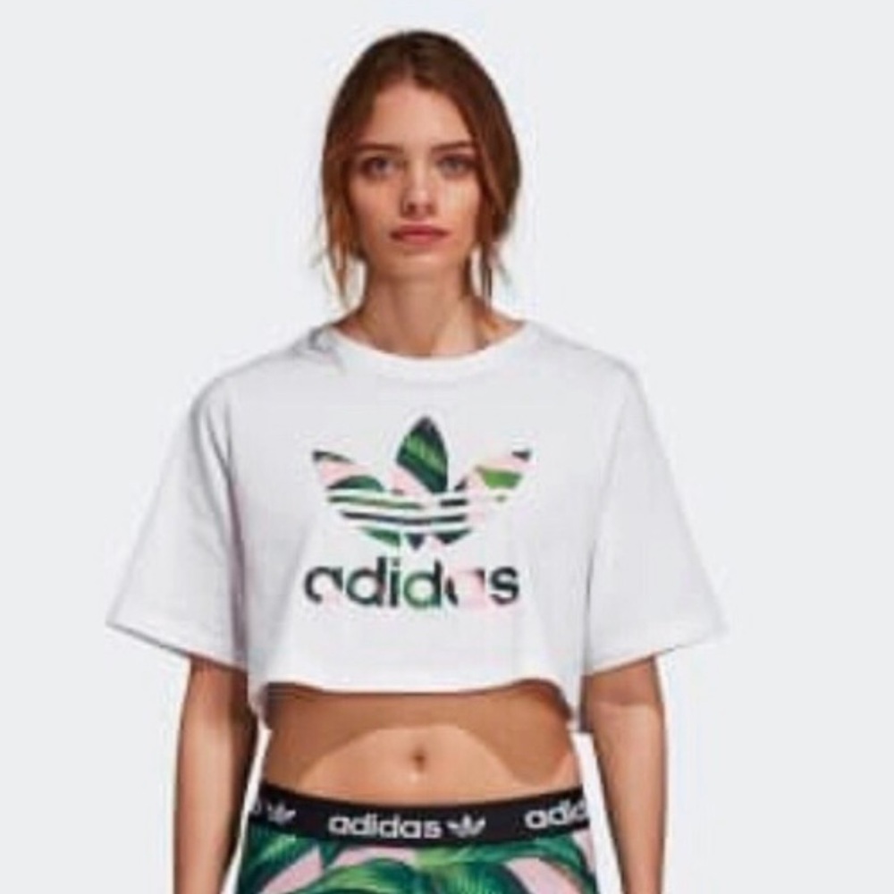 Adidas White Tee with   Tropical leaf Logo